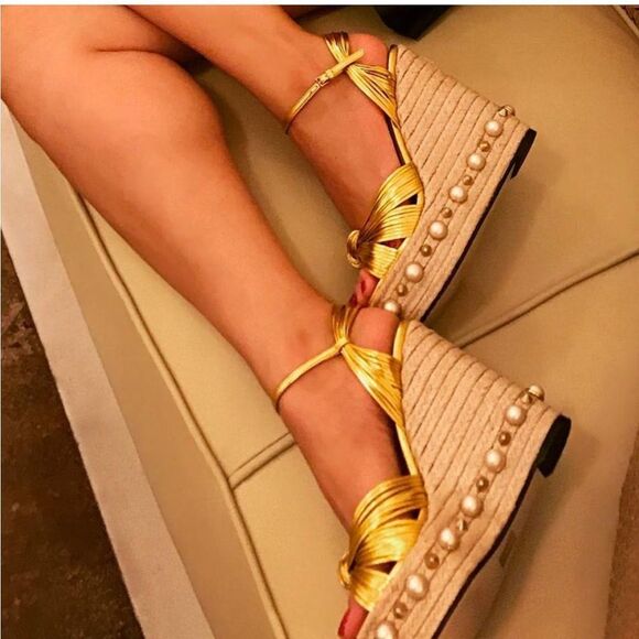 Gucci Barbette Knotted Leather Gold Metallic Pearl Platform Wedge Sandals - Picture 3 of 15